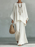 Women's Comfortable, Loose-fitting Linen And Cotton Top And Wide-leg Pants Two-piece Set