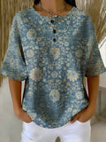 Women's Flower Art Print Casual Waffle Cotton Shirt