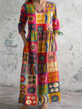 Women's V-neck Abstract Art Floral Pattern Collar Cotton Linen Dress With Pockets