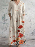 Women's Elegant Floral V-Neck Cotton Linen Dress