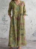 Women's Elegant Floral Pattern Round Neck Cotton and Linen Dress
