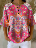 Women's Vintage Floral Art Print Casual Waffle Cotton Shirt