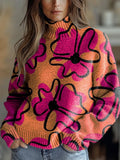 Pink Creative Floral Art Print Knit Turtleneck Pullover Sweater