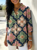 Women’s Retro Gradient Floral V-Neck Ruffled Denim Shirt RYDS1206