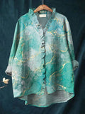 Women's Abstract Pattern Art Print Casual Cotton And Linen Ruffle Shirt