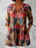 Women's Elegant Floral Print Doll Neck Cotton and Linen Top