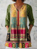 Women's Vintage Ethnic Floral Art Print Casual Linen V-neck Shirt