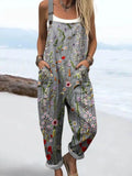 Women's Vintage Lovely Floral Art Print Casual Cotton Linen Wide Leg Jumpsuit