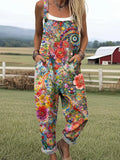Women's Vintage Floral Pattern Art Print Casual Cotton Linen Wide Leg Jumpsuit