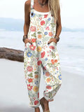 Women's Vintage Flowers Art Print Casual Cotton Linen Wide Leg Jumpsuit