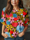 Women's Vintage Flower Art Print Casual Crew Neck Short Sleeve Knitted Sweater