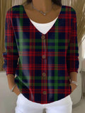 Vintage Christmas Plaid Art Print Buttoned V-neck Cardigan Sweater