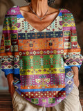 Women's Vintage Ethnic Geometric Splicing Painting Art Print Casual Pullover Sweater