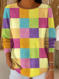 Women's Colorful Plaid Painting Art Print Casual Pullover Sweater