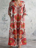 Women's Elegant Floral V-Neck Cotton Linen Dress
