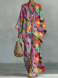 Women's Geometric Pattern Art Comfortable Loose Cotton Linen Top And Wide-leg Pants Two-piece Set