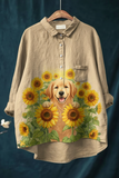Women's Cute Dog Print Casual Cotton And Linen Shirt