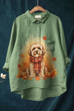 Women's Cute Dog Print Casual Cotton And Linen Shirt