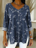 Women's Floral Pattern Art Print Casual Denim Shirt