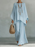 Women's Comfortable, Loose-fitting Linen And Cotton Top And Wide-leg Pants Two-piece Set
