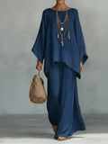 Women's Comfortable, Loose-fitting Linen And Cotton Top And Wide-leg Pants Two-piece Set