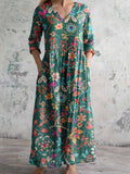 Women's V-neck Elegant Poppy Floral Print Cotton Linen Dress