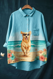 Women's Cute Dog Print Casual Cotton And Linen Shirt