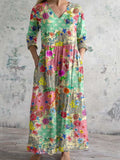 Women's Elegant Floral Pattern V-Neck Cotton Linen Dress with Pockets