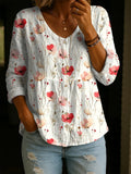 Women's Retro Flower Art Print Linen Cotton Shirt