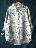 Women's Lovely Flowers Art Print Casual Cotton And Linen Ruffle Shirt