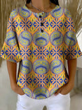 Women's Flower Art Print Casual Waffle Cotton Shirt