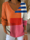 Women's Minimalist Abstract Casual Print V-neck Long Sleeve Pullover Sweater