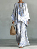 Impressionist Art-style Decorative Color Patterns Linen Cotton Top And Wide-leg Pants Two-piece Set