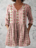Women's Retro Floral Art Print Casual Cotton And Linen V-neck Top