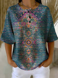 Women's Vintage Floral Art Print Casual Waffle Cotton Shirt