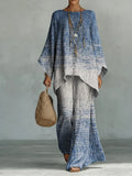 Gradient Decorative Pattern Casual Long Sleeve Cotton Linen Top And Wide-leg Pants Two-piece Set