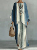 Women's Retro Lines Print Linen Cotton Top And Wide-leg Pants Two-piece Set