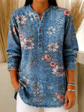 Women's Vintage Floral Pattern Art Print Casual Cotton Denim Shirt RSDS2103