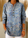 Women's Vintage Floral Pattern Art Print Casual Cotton Denim Shirt RSDS2105
