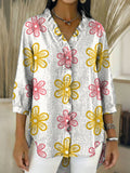 Women’s Retro Gradient Floral V-Neck Ruffled Denim Shirt RYDS1210