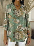 Women’s Retro Gradient Floral V-Neck Ruffled Denim Shirt RYDS1204