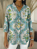 Women’s Retro Gradient Floral V-Neck Ruffled Denim Shirt RYDS1203