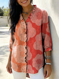 Women’s Retro Gradient Floral V-Neck Ruffled Denim Shirt RYDS1211