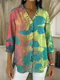 Women’s Retro Gradient Floral V-Neck Ruffled Denim Shirt RYDS1207