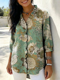 Women’s Retro Gradient Floral V-Neck Ruffled Denim Shirt RYDS1204