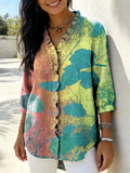 Women’s Retro Gradient Floral V-Neck Ruffled Denim Shirt RYDS1207