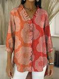 Women’s Retro Gradient Floral V-Neck Ruffled Denim Shirt RYDS1211