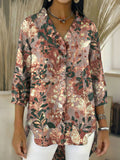 Women’s Retro Gradient Floral V-Neck Ruffled Denim Shirt RYDS1202