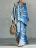 Gradient Decorative Pattern Casual Linen Cotton Top And Wide-leg Pants Two-piece Set