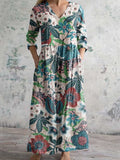 Women's Elegant Floral Pattern V-Neck Cotton Linen Dress